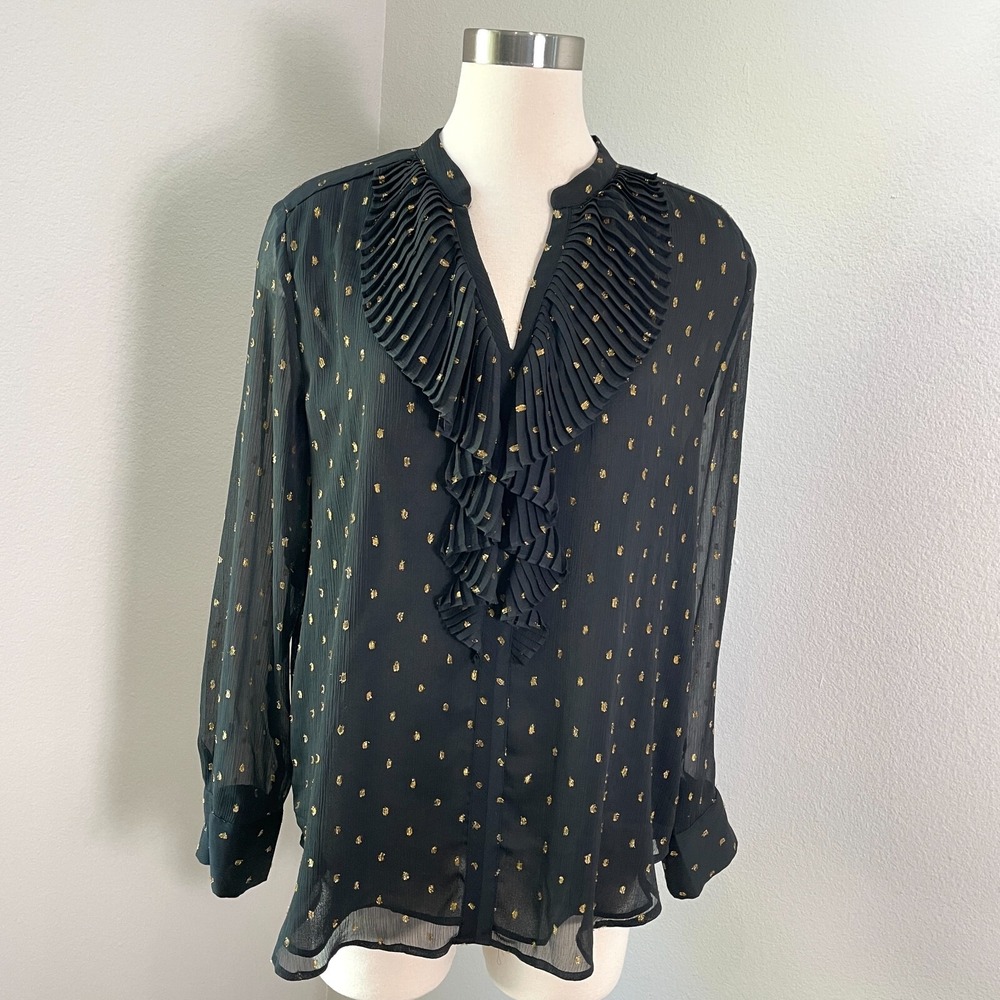 Ann Taylor Womens Large Shimmer Clip Dotโ Pleated Ruffle Blouse Shirt Top